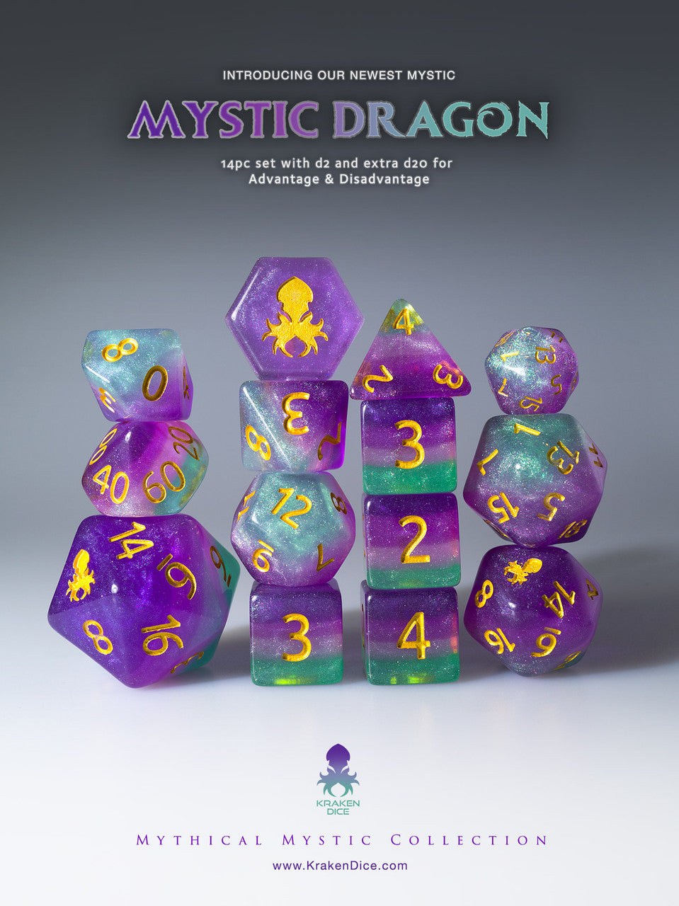 Mystic Dragon 14pc Gold Ink Dice Set With Kraken Logo